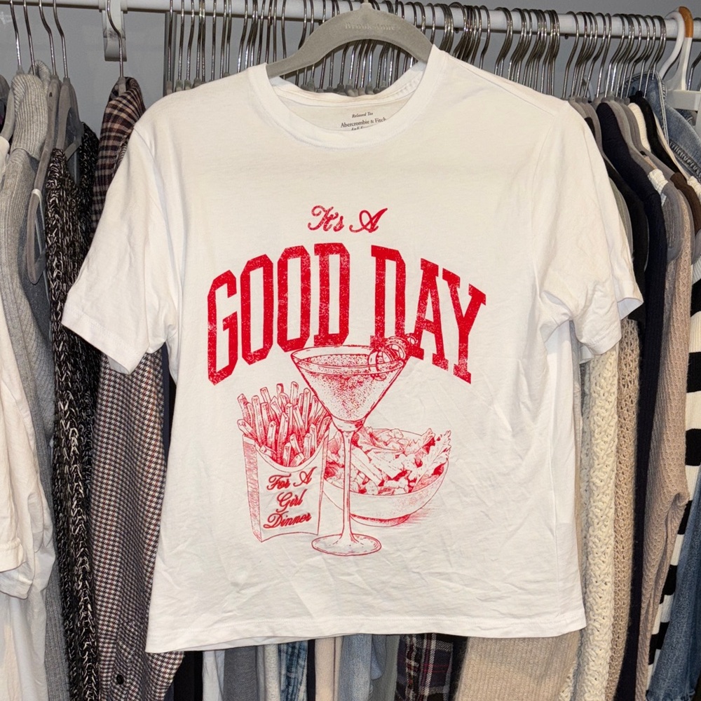 Abercrombie & Fitch White Tee with Red Graphic "Good Day"